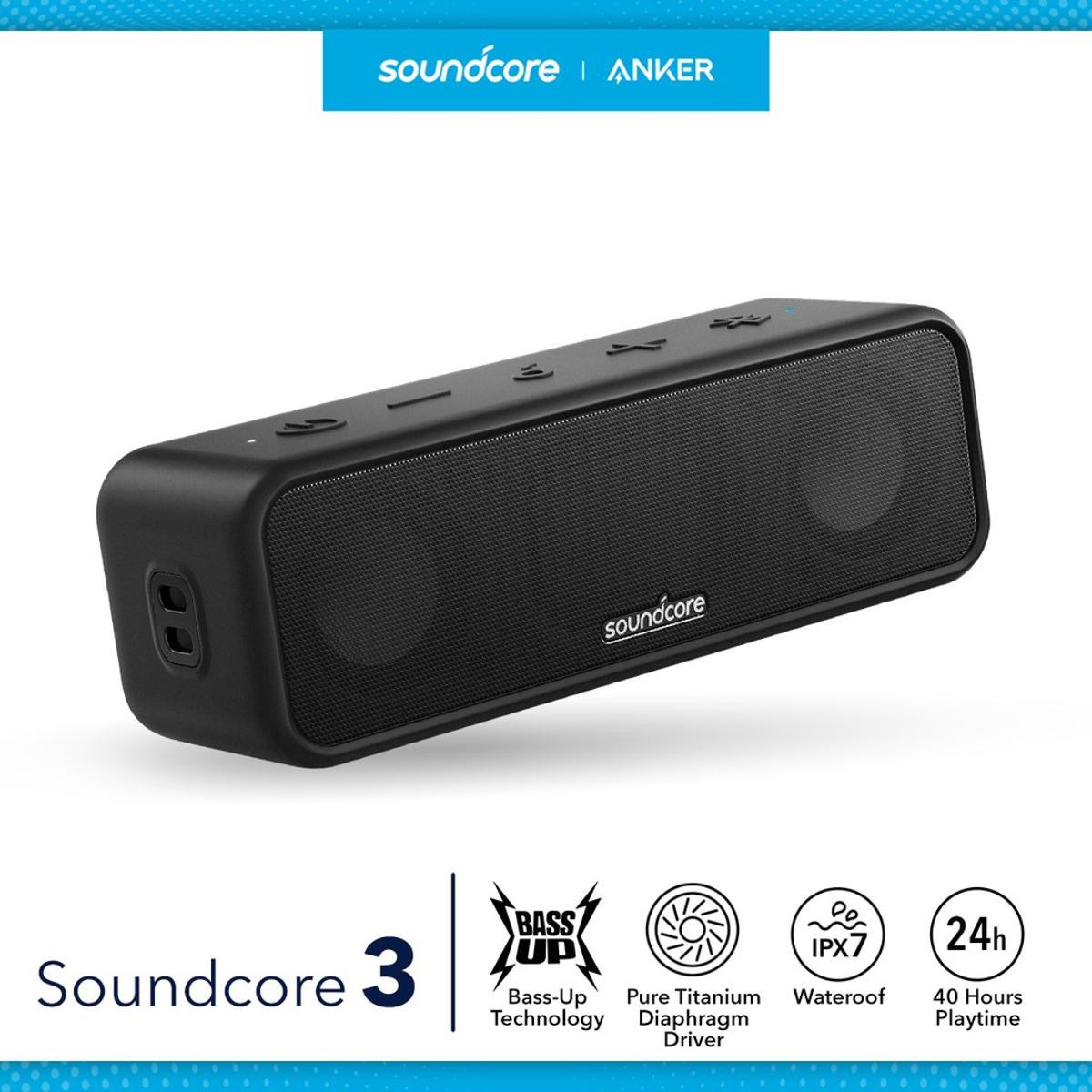 Anker Soundcore 3 Bluetooth Speaker with Stereo Sound, Pure Titanium Diaphragm Drivers, PartyCast Technology, BassUp, 24H Playtime